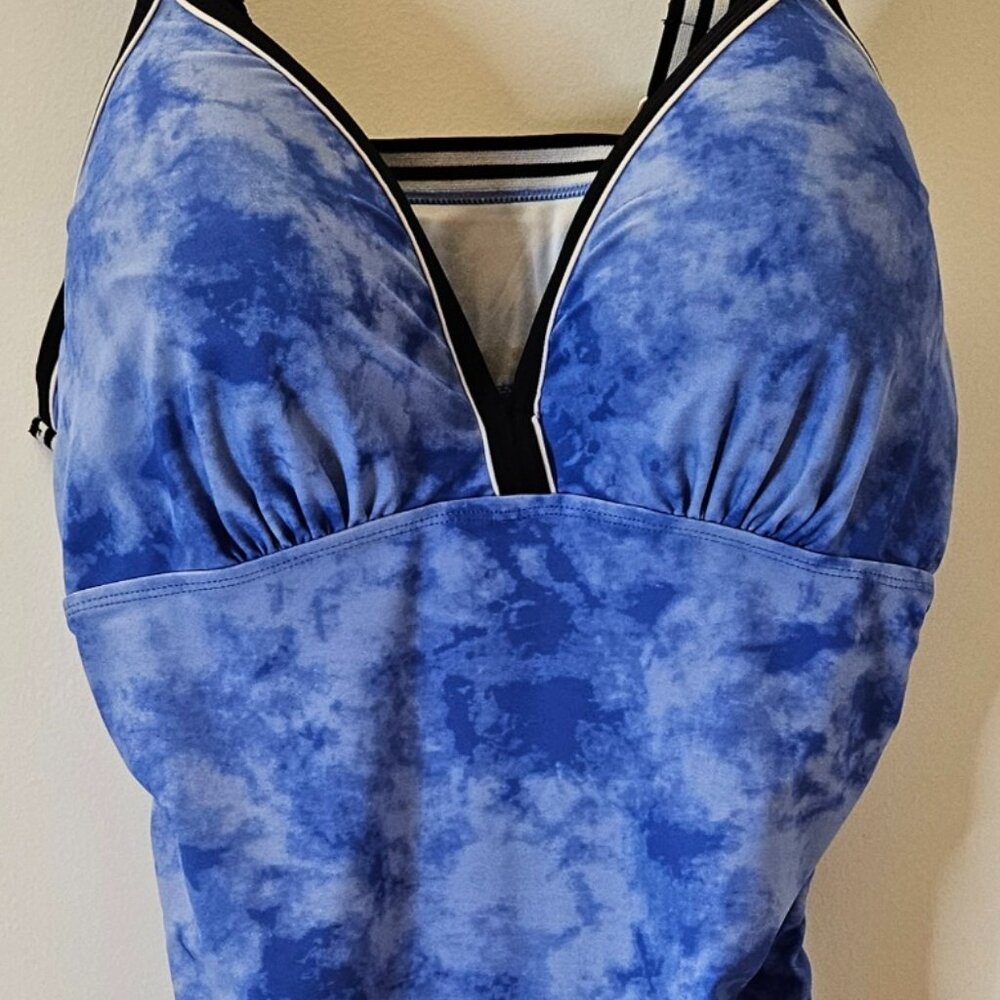Tankini Set, Brilliant Marbled Blue w Black & White Striped Trim & Side Ruching